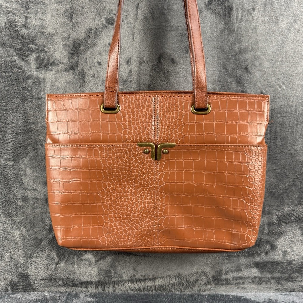 Bueno Brown Satchel Top Handle Bag Faux Leather Croc Embossed Gold Tone Hardware